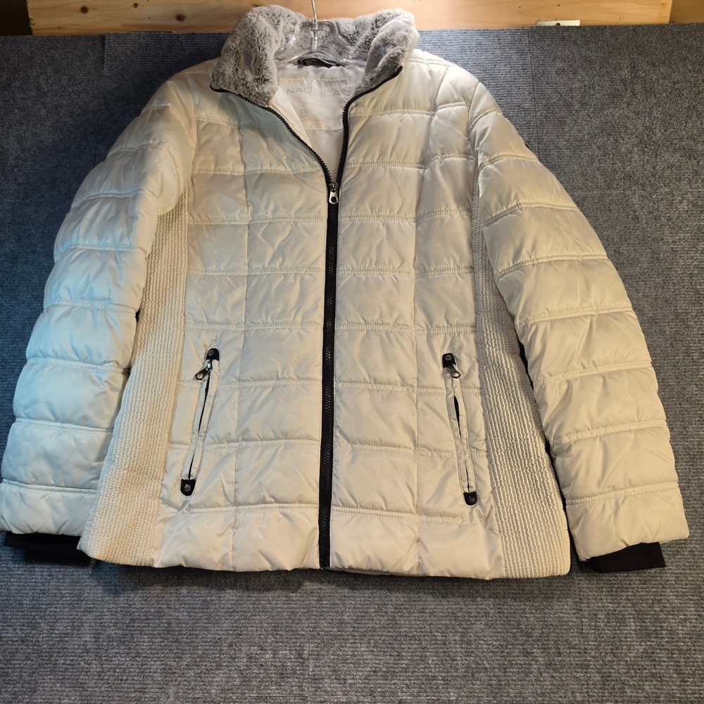 Nautica Puffer Jacket Women Large Cream Good Faux Fur Water Resistant Quilted